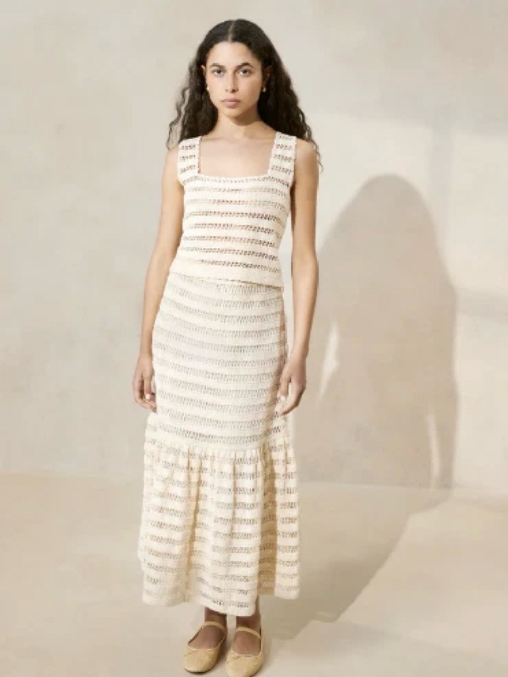 Loeffler Randall “Scarlett” crochet ruffle hem skirt